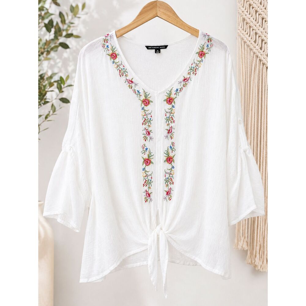 Zac & Rachel Embroidered Boho Blouse 1X Flowy Peasant Tie Front Top